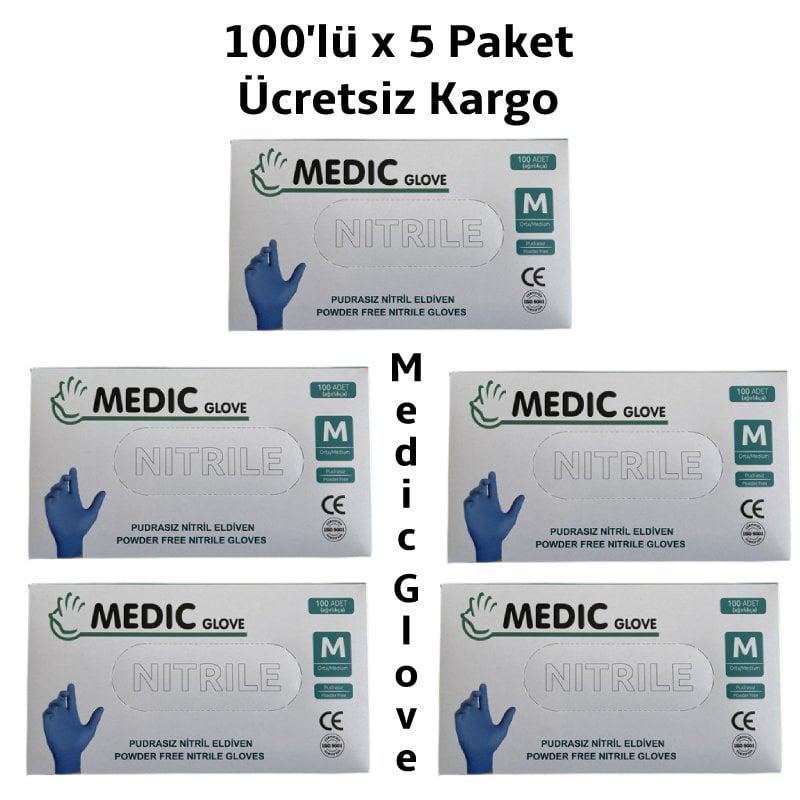 MEDIC GLOVE Mavi Pudrasız Nitril (Medium) Muayene Eldiveni 100'lü 5 Pk