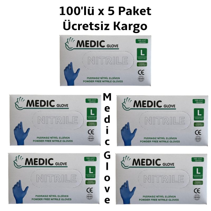 MEDIC GLOVE Mavi Pudrasız Nitril (Large) Muayene Eldiveni 100'lü 5 Pk