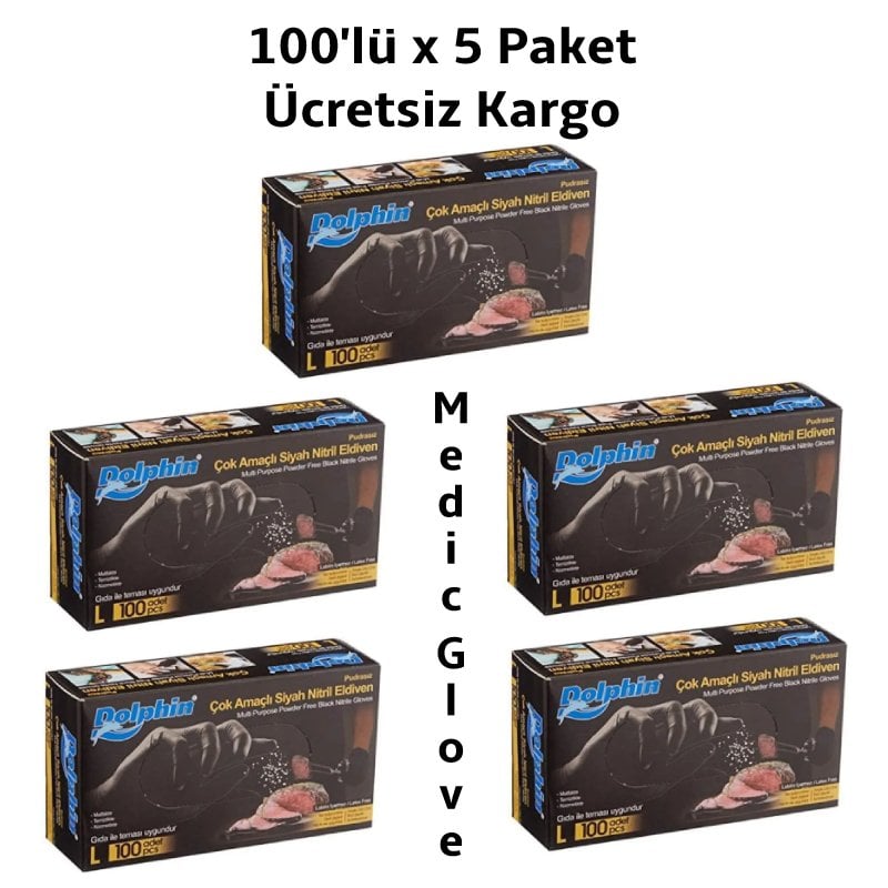 Dolphin Siyah Pudrasız Nitril  Eldiven (L) 100'lü x 5 Paket