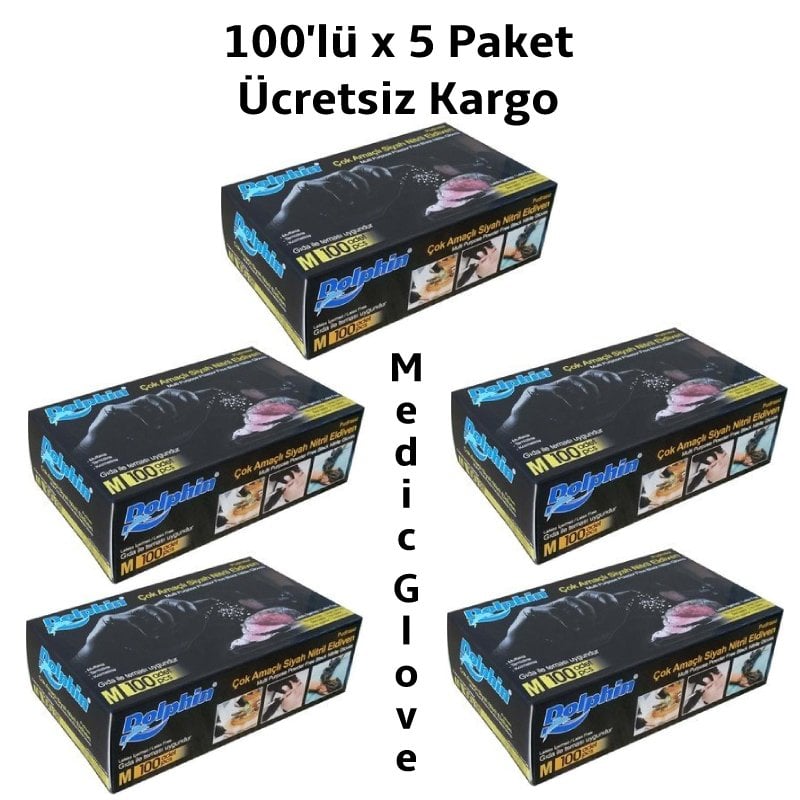 Dolphin Siyah Pudrasız Nitril  Eldiven (M) 100'lü x 5 Paket