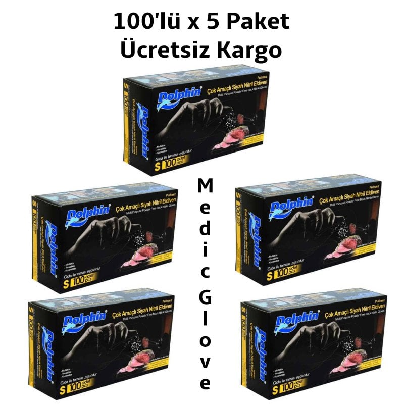 Dolphin Siyah Pudrasız Nitril  Eldiven (S) 100'lü x 5 Paket