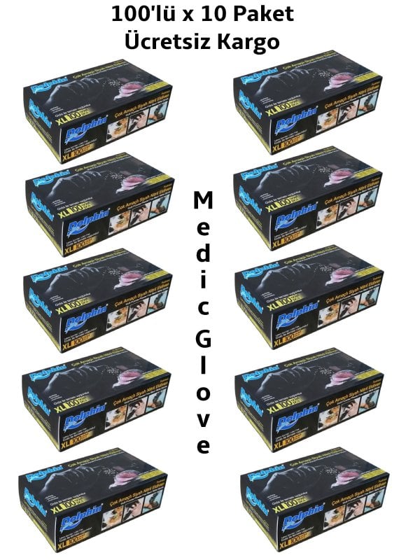 Dolphin Siyah Pudrasız Nitril  Eldiven (XL) 100'lü x 10 Paket