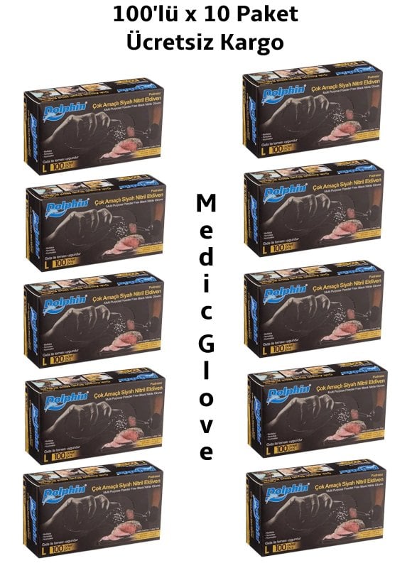 Dolphin Siyah Pudrasız Nitril  Eldiven (L) 100'lü x 10 Paket