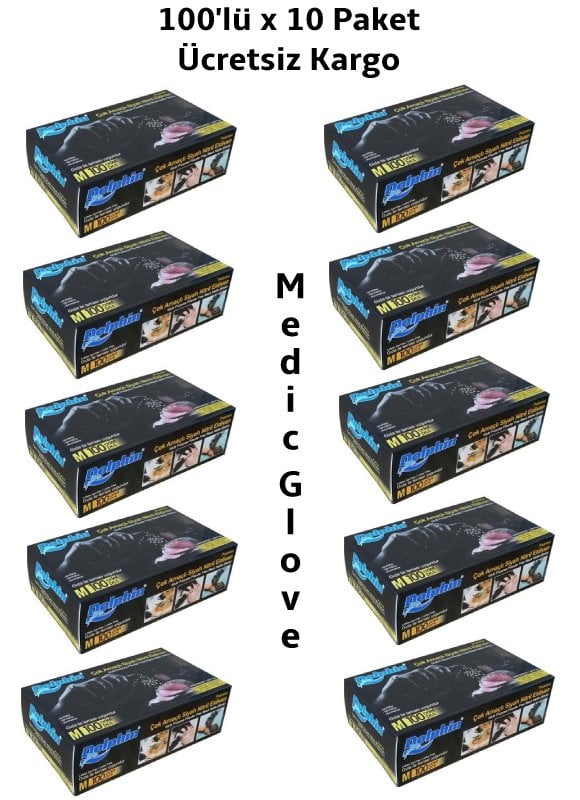 Dolphin Siyah Pudrasız Nitril  Eldiven (M) 100'lü x 10 Paket