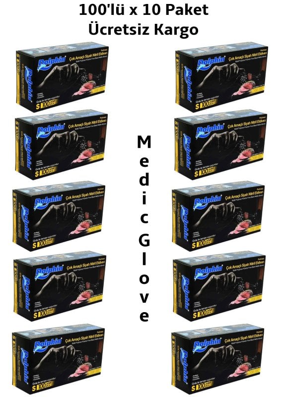 Dolphin Siyah Pudrasız Nitril  Eldiven (S) 100'lü x 10 Paket
