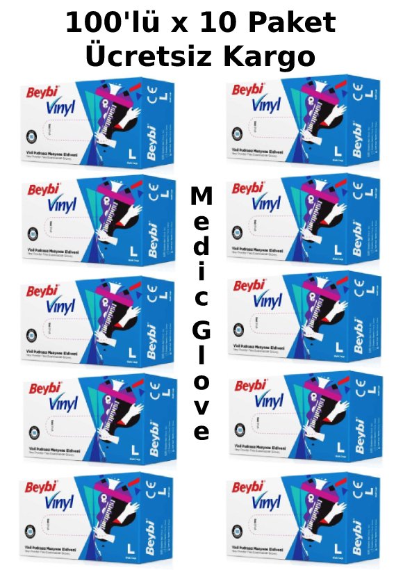 Beybi Pudrasız Vinil (Vinyl) Muayene Eldiveni - 100'lü x 10 Paket (Large)