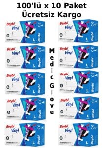 Beybi Pudrasız Vinil (Vinyl) Muayene Eldiveni - 100'lü x 10 Paket (Large)