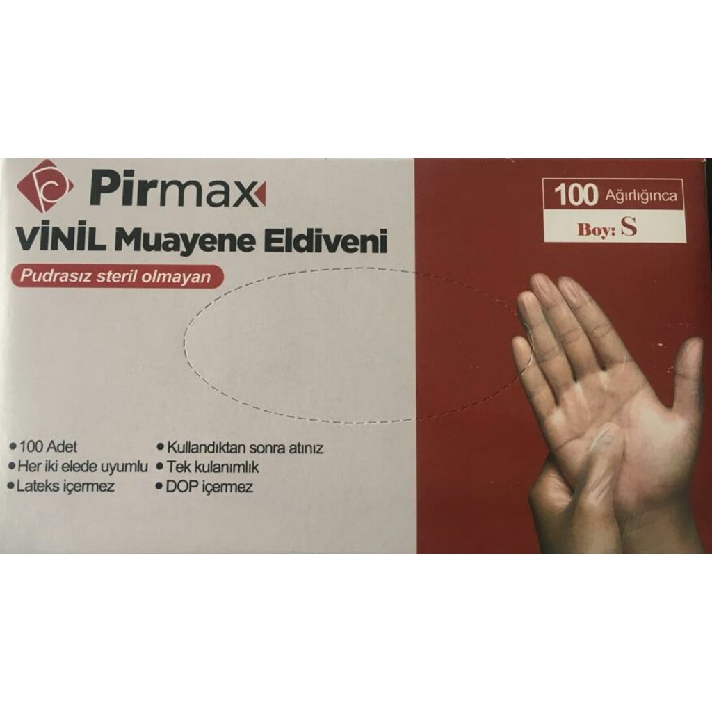 Pirmax Pudrasız Vinil (Vinyl) Muayene Eldiveni (Small) - 20 Pk - 1 Koli