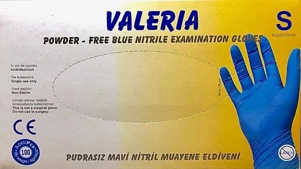 VALERIA Mavi Pudrasız Nitril Muayene Eldiveni (Small) 20 Paket / Koli