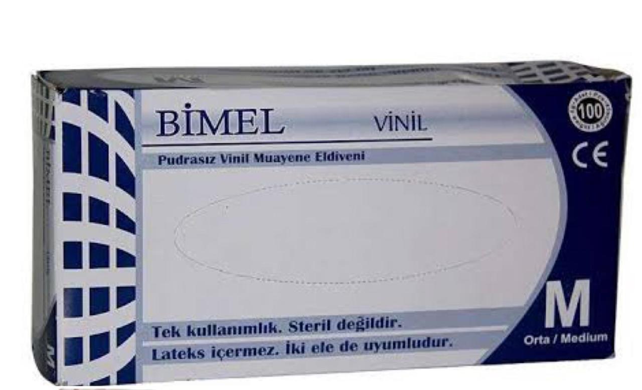 BİMEL Şeffaf Pudrasız Vinil Muayene Eldiveni (Medium) 100'lü x 20 Paket-1 Koli