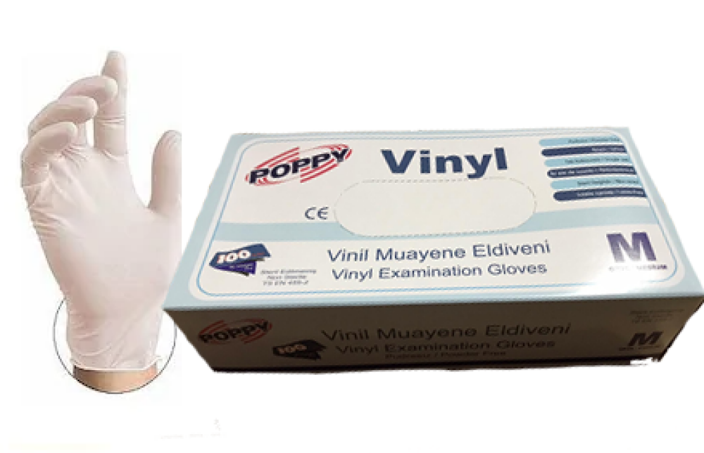 POPPY Şeffaf Pudrasız Vinil Muayene Eldiveni (Large) 100'lü x 20 Paket-1 Koli