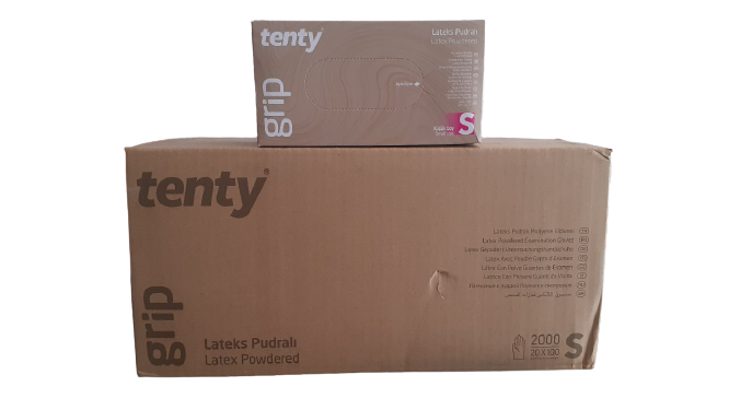 tenty grip Lateks Pudralı Muayene Eldiveni (Small) 100'lü x 20 Paket - Koli