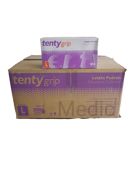tenty grip Lateks Pudralı Muayene Eldiveni (Large) 100'lü x 20 Paket - Koli