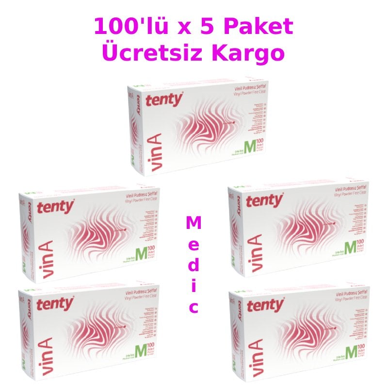 tenty Pudrasız Vinil Muayene Eldiveni (Medium) 100'lü x 5 Paket