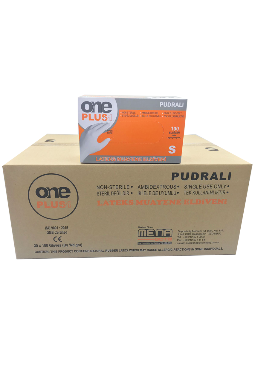 OnePlus Lateks Pudralı Muayene Eldiveni (Small) 100'lü x 20 Paket - 1 Koli