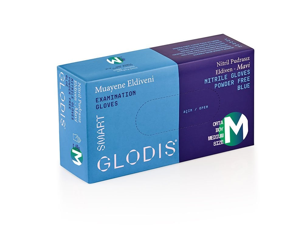 GLODIS SMART Mavi Pudrasız Nitril Muayene Eldiveni (Medium) 20 Paket / Koli