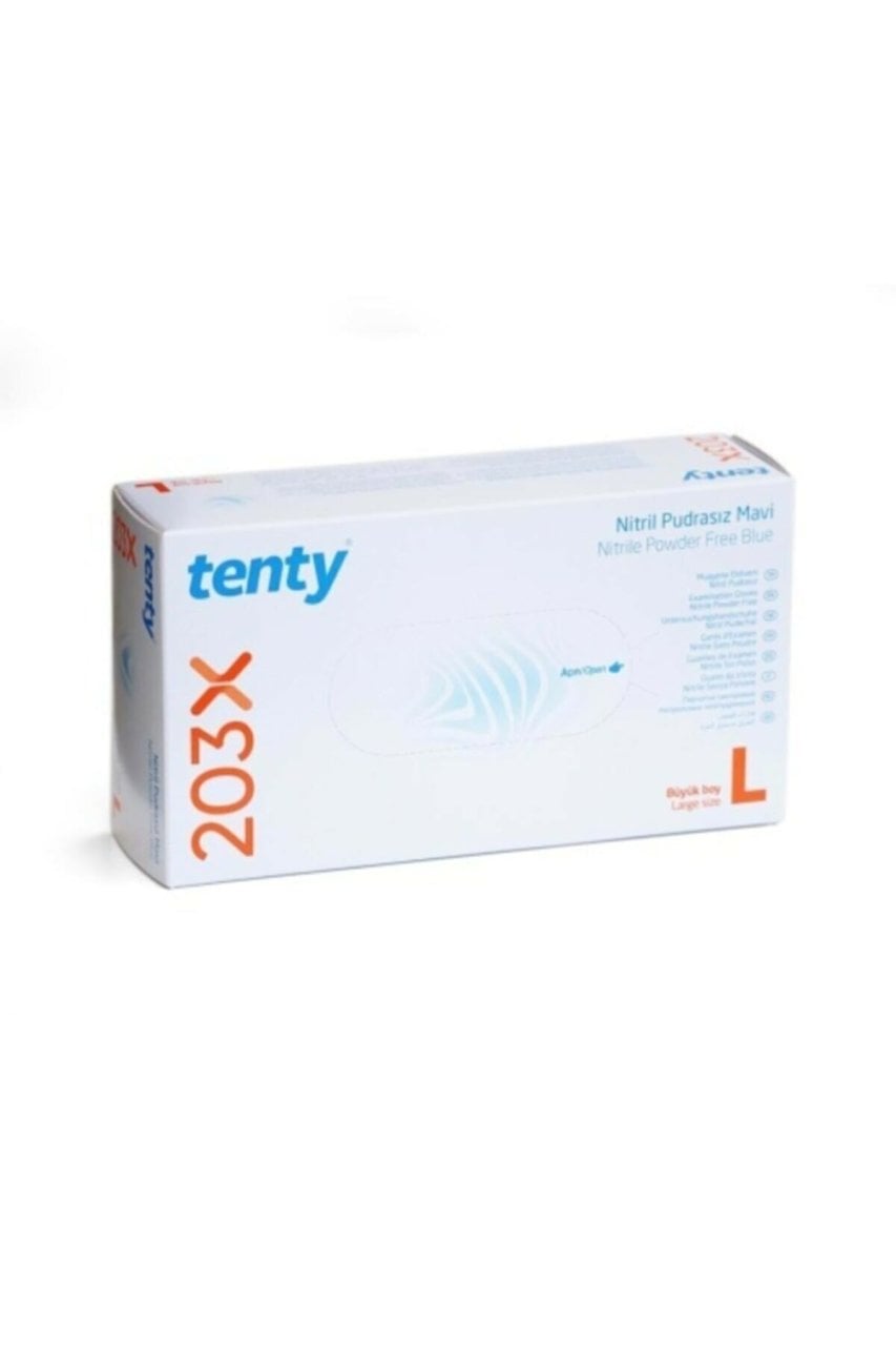 tenty 303 Mavi Nitril Pudrasız Muayene Eldiveni (Large) 100'lü x 20 Paket - 1 Koli