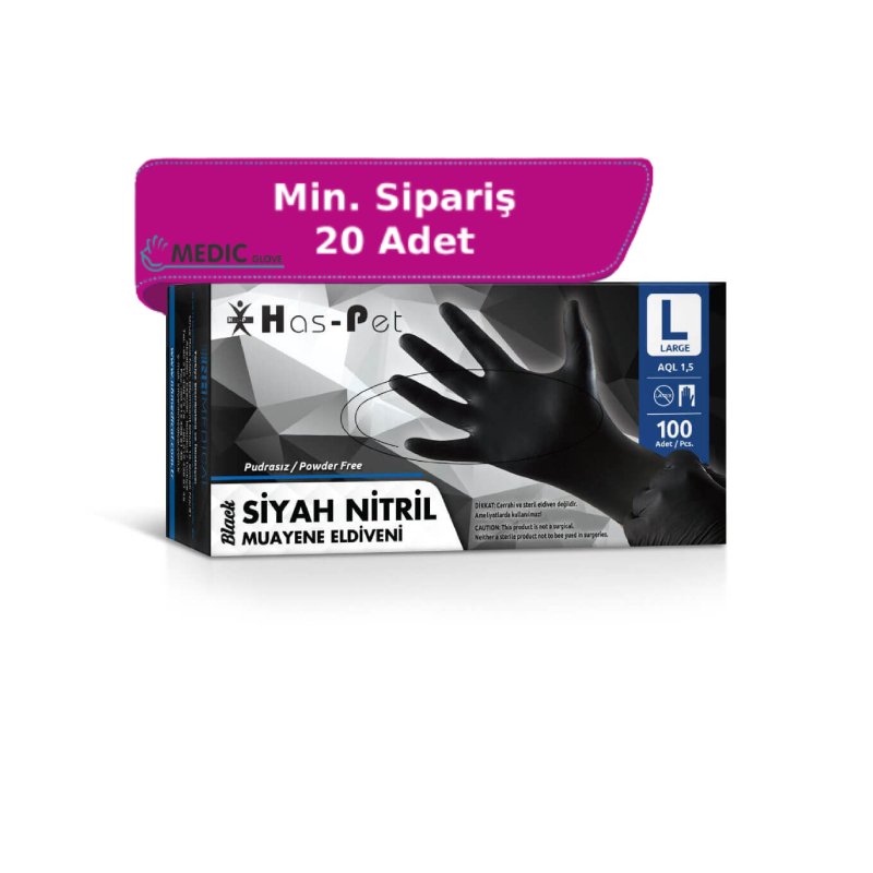 Has-Pet Siyah Pudrasız Nitril Muayene (Large) Eldiveni 100'lü Pk