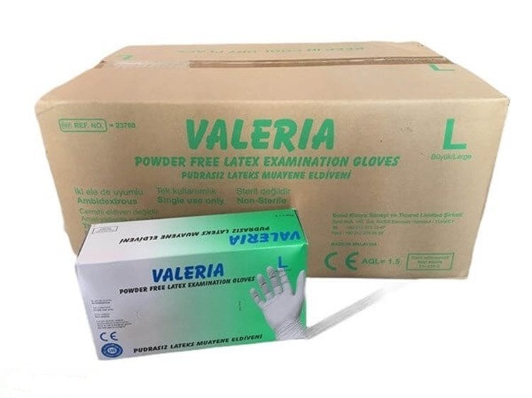 VALERIA Pudrasız Lateks Muayene Eldiveni - 20 Paket - 1 Koli (Large)