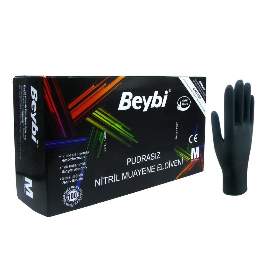 Beybi Siyah Nitril Pudrasız Muayene Eldiveni 100'lü Paket (Large)