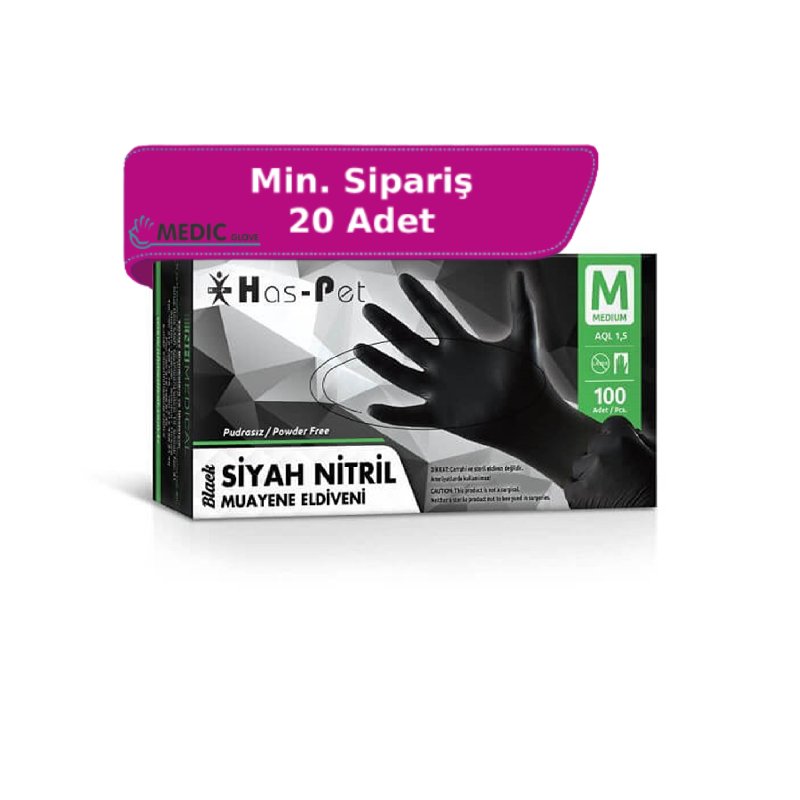 Has-Pet Siyah Pudrasız Nitril Muayene Eldiveni 100'lü Pk (Medium)