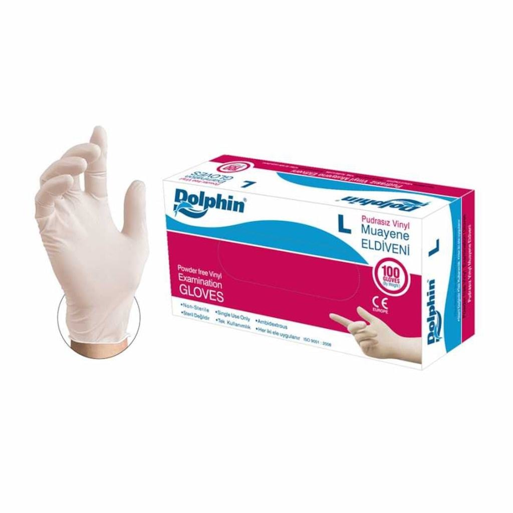 Dolphin Şeffaf Pudrasız Vinil Muayene Eldiveni 100'lü Paket (Large)