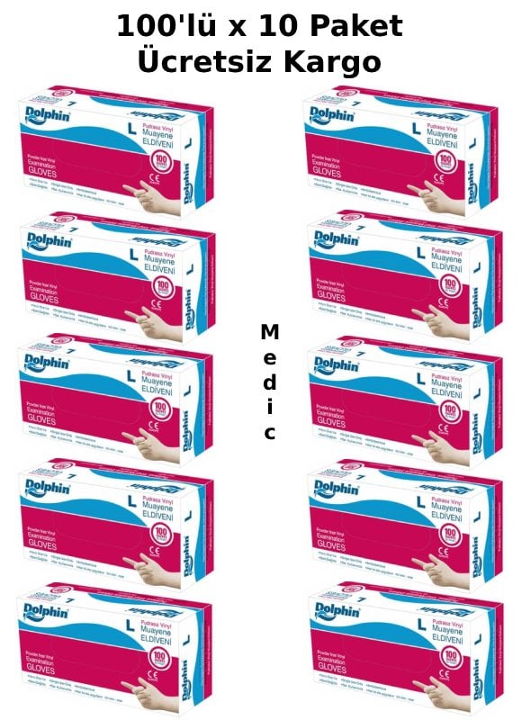 Dolphin Şeffaf Pudrasız Vinil Muayene Eldiveni 100'lü x 10 Paket (Large)