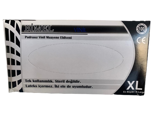 BİMEL Şeffaf Pudrasız Vinil Muayene Eldiveni 100'lü Paket (XL)